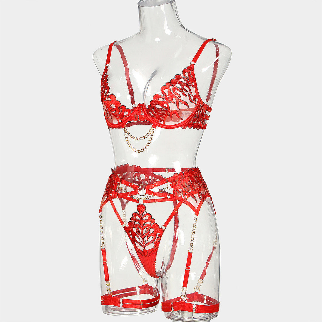 Flame Embroidery Chain Four Piece Lingerie