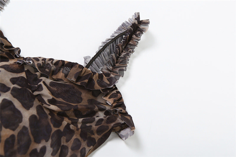 Leopard Print V Neck Sheer Mesh Camisole Sling