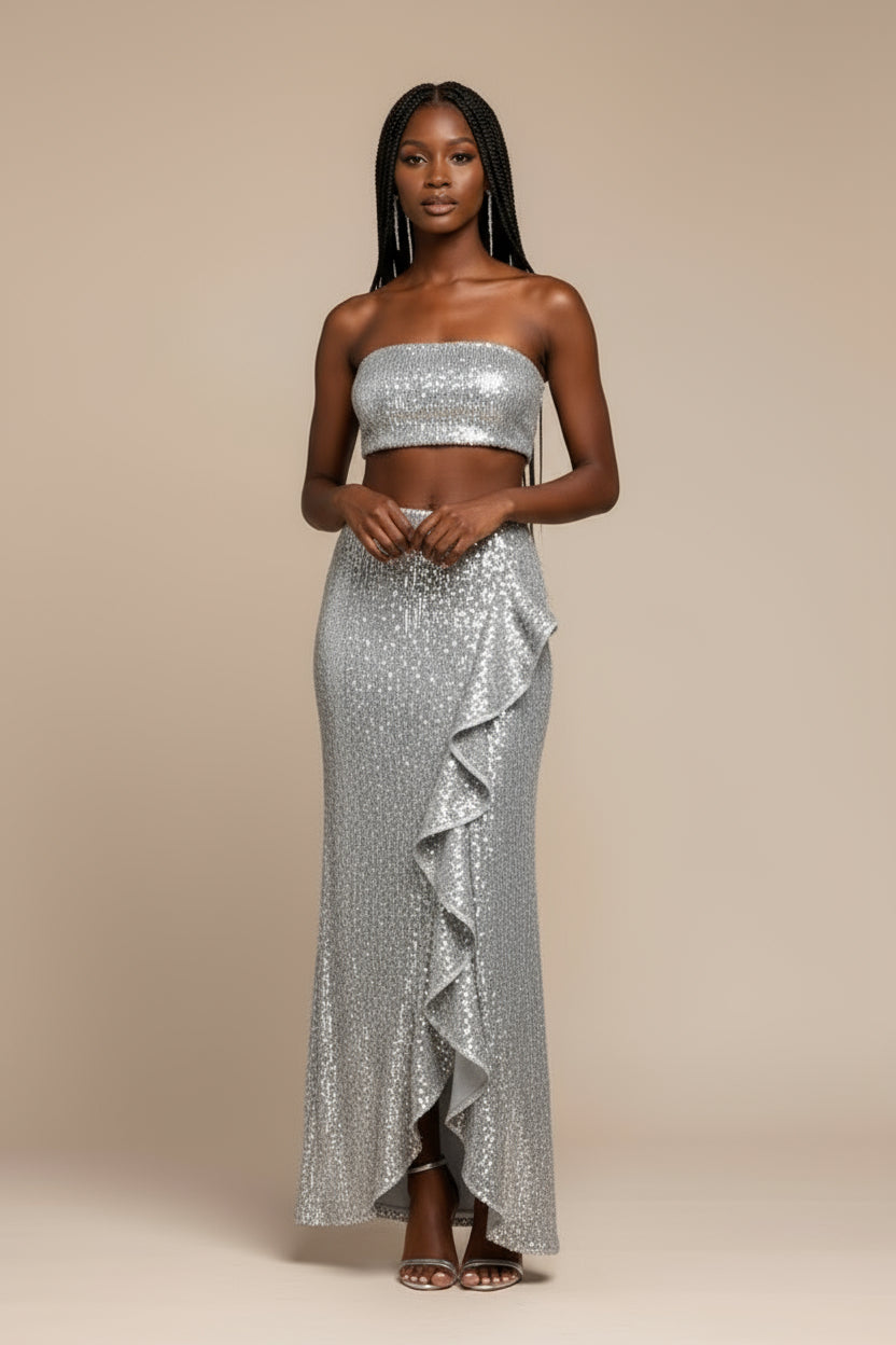 Silver Sequin High Slit Lace Two Piece Set