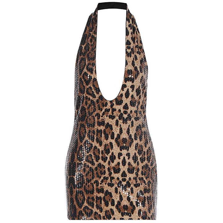 Halter Leopard Print Deep V Dress