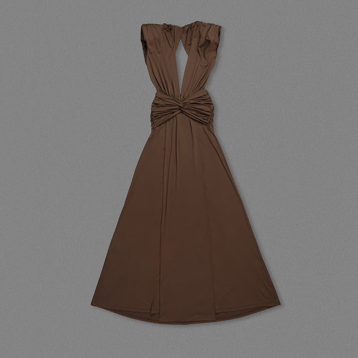 Brown Twisted Pleated Deep V Plunge Dress