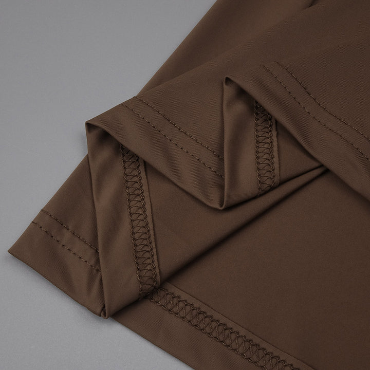 Brown Twisted Pleated Deep V Plunge Dress