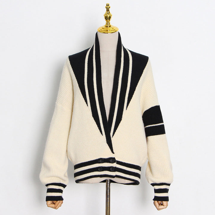 French Ivory and Black Lazy Knitted Cardigan