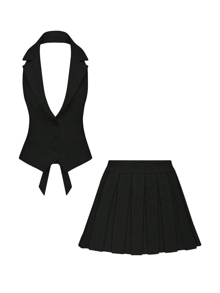 V Neck Vest Pleated Two Piece Set