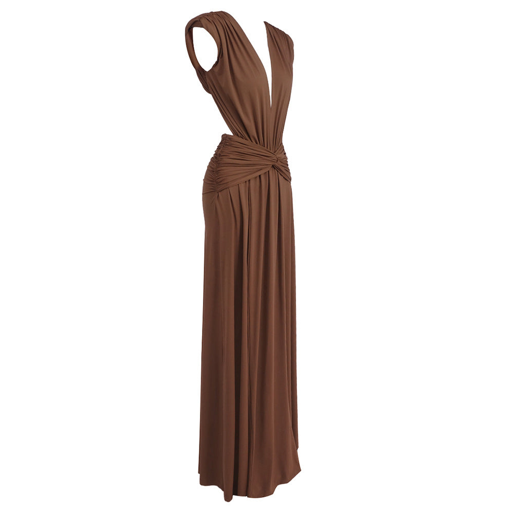 Brown Twisted Pleated Deep V Plunge Dress