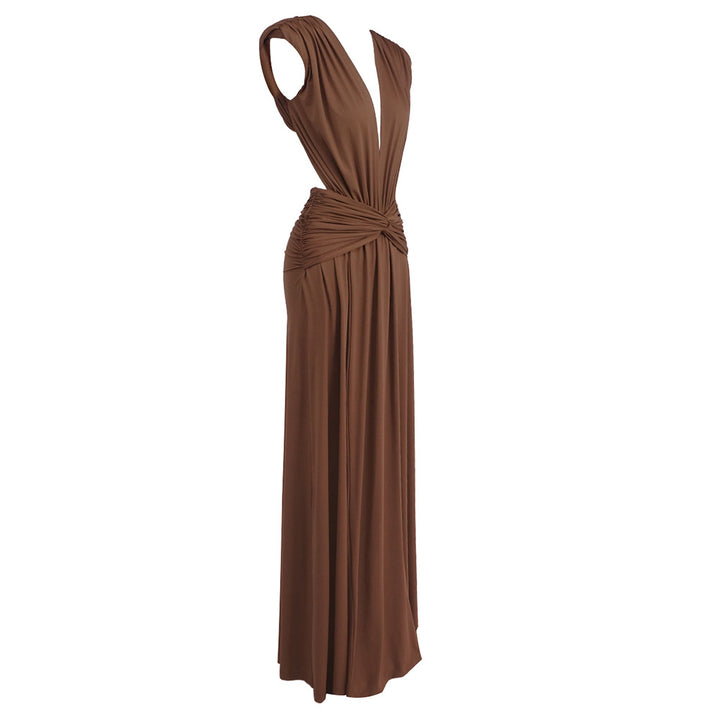 Brown Twisted Pleated Deep V Plunge Dress