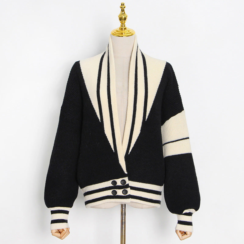French Ivory and Black Lazy Knitted Cardigan