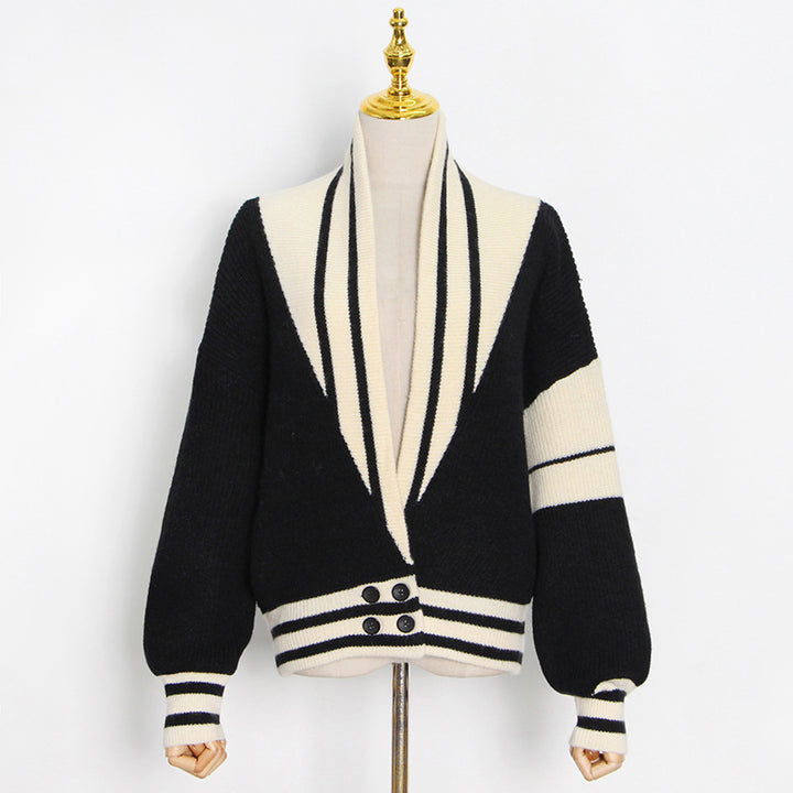 French Ivory and Black Lazy Knitted Cardigan
