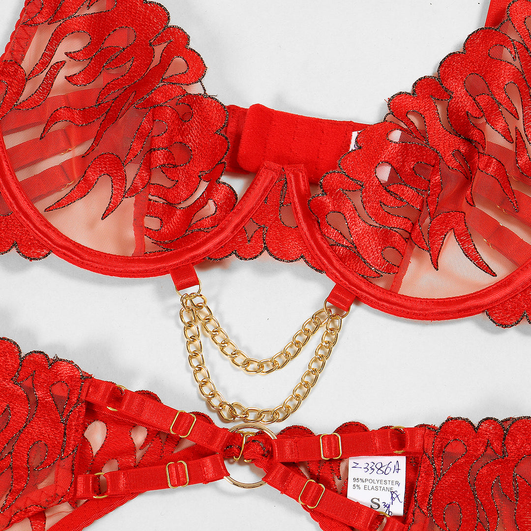 Flame Embroidery Chain Four Piece Lingerie