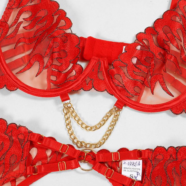 Flame Embroidery Chain Four Piece Lingerie