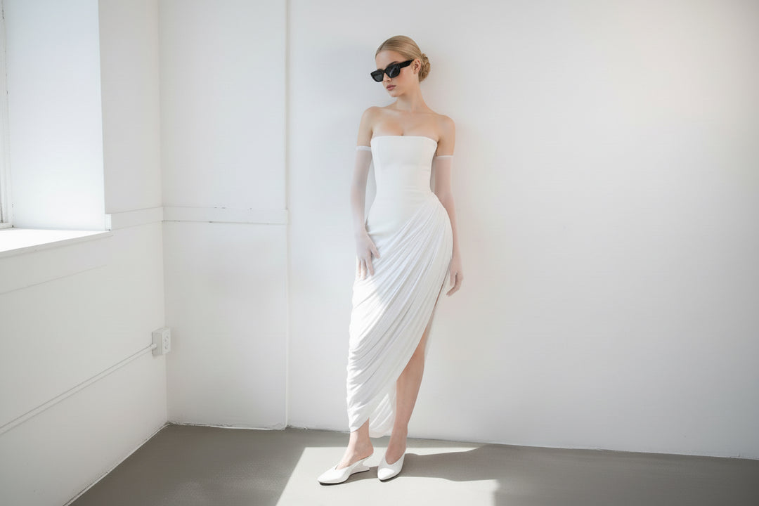 Strapless Twill Pleated Dress