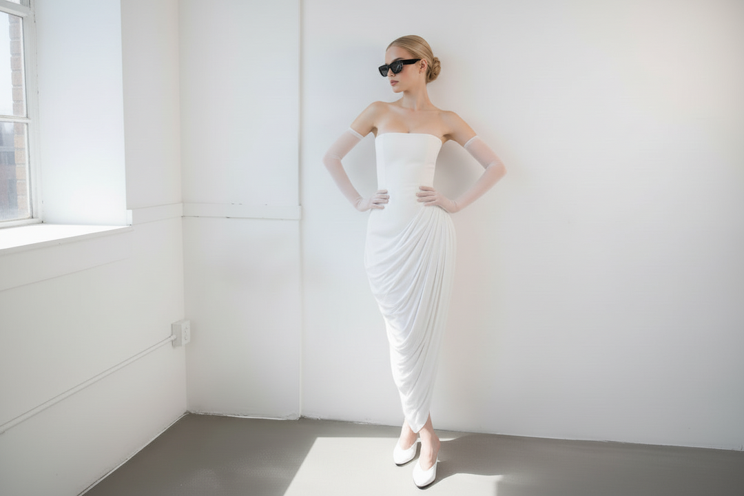 Strapless Twill Pleated Dress