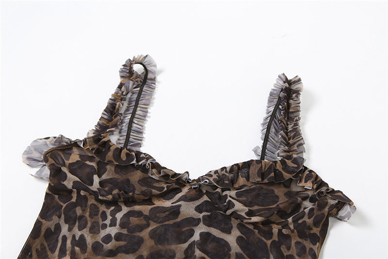 Leopard Print V Neck Sheer Mesh Camisole Sling