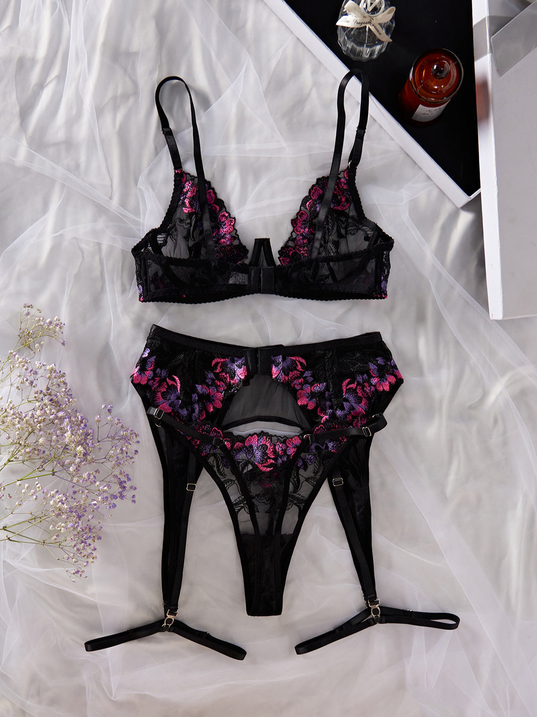 Floral Mesh Four Piece Lingerie
