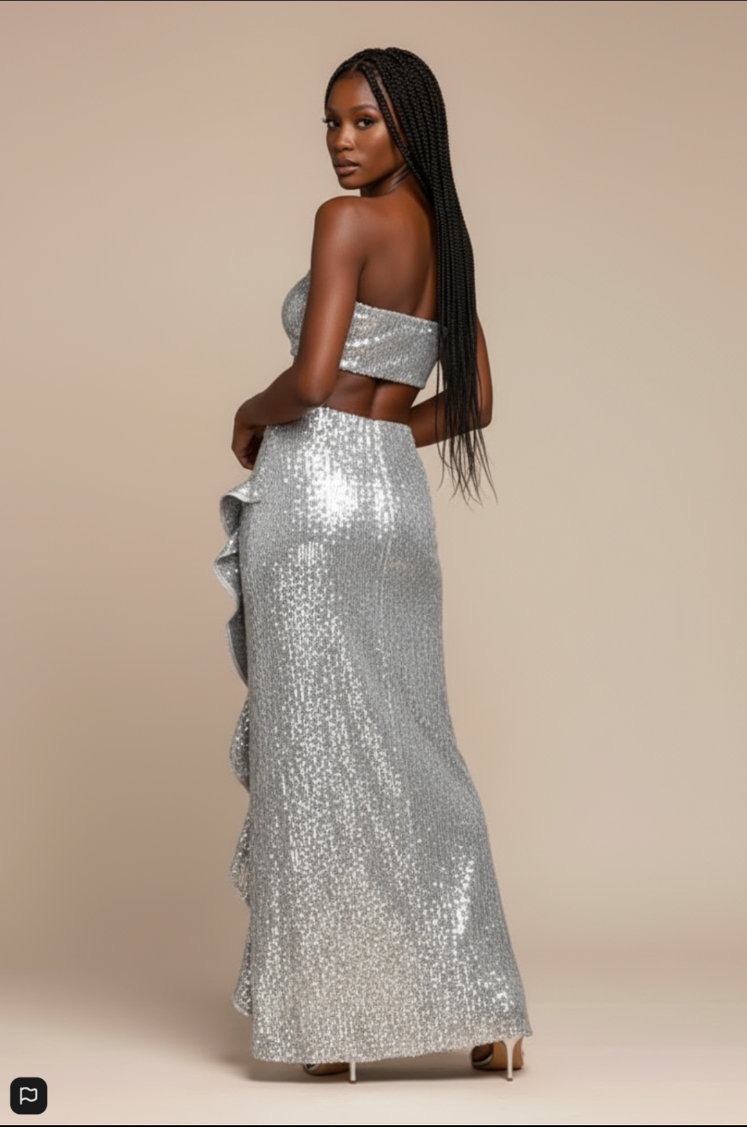 Silver Sequin High Slit Lace Two Piece Set