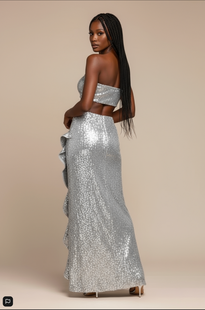 Silver Sequin High Slit Lace Two Piece Set