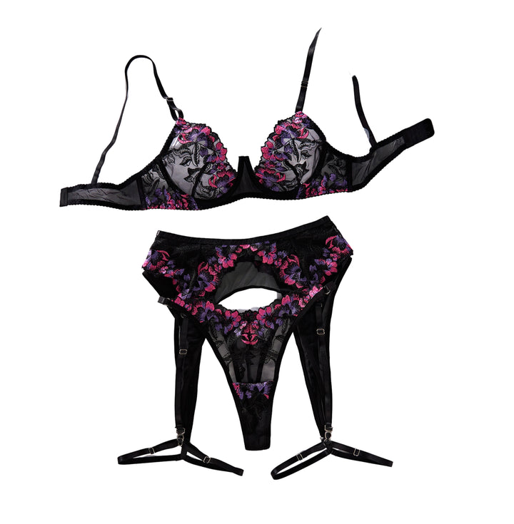 Floral Mesh Four Piece Lingerie