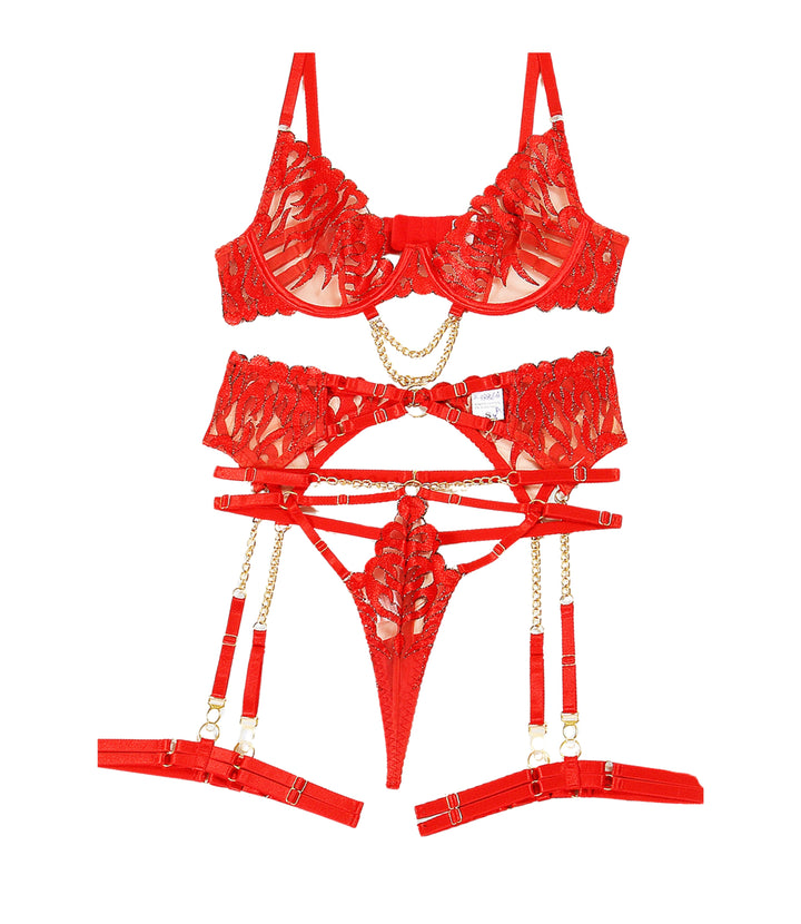 Flame Embroidery Chain Four Piece Lingerie