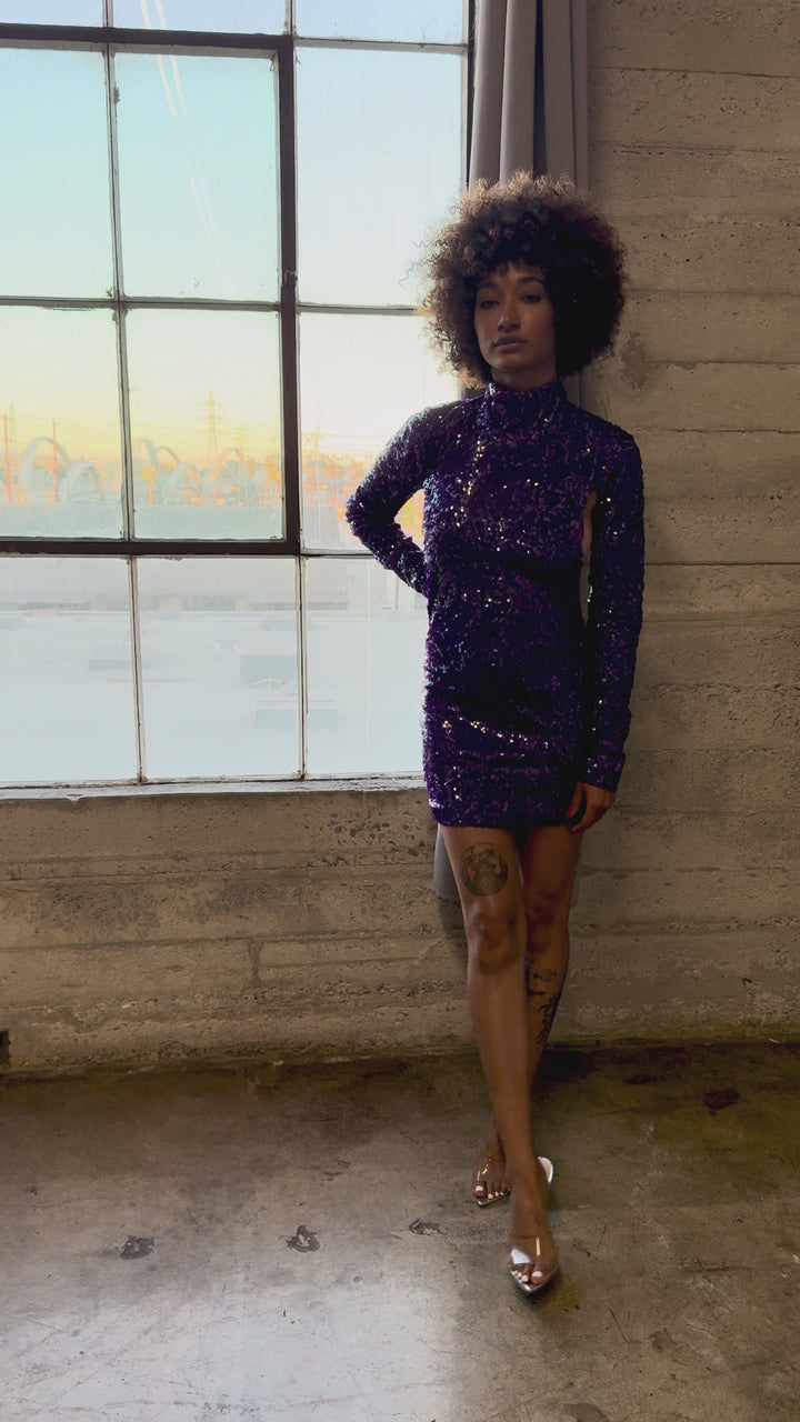 Mock Neck Sequin Backless Dress