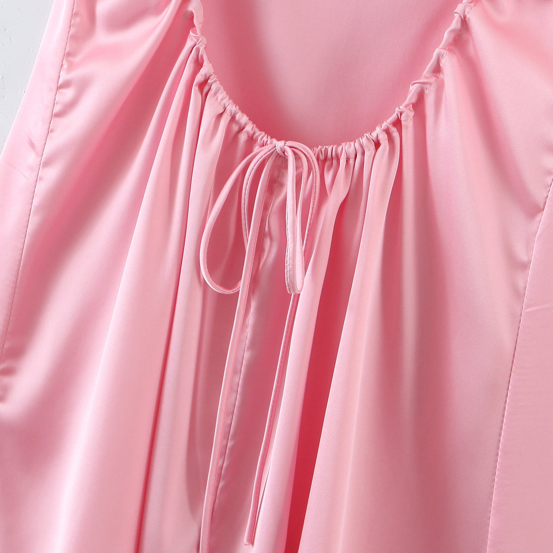Pink V-neck Satin Backless Pajamas