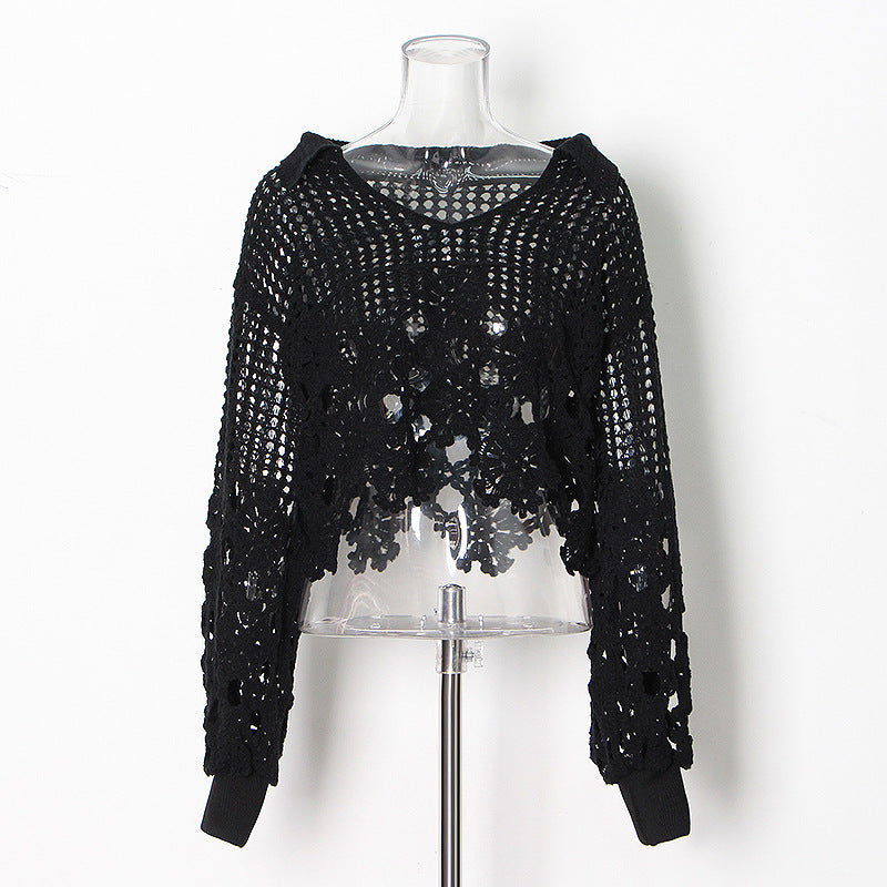 Women Knit  Spring Summer Hollow Out  Crocheted V neck Short  Women Sweater