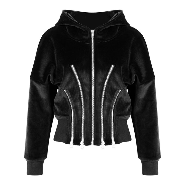 Gold Velvet Hooded  for Women Autumn Thickened Composite Multi Metal Zipper Split Waist Trimming  Women