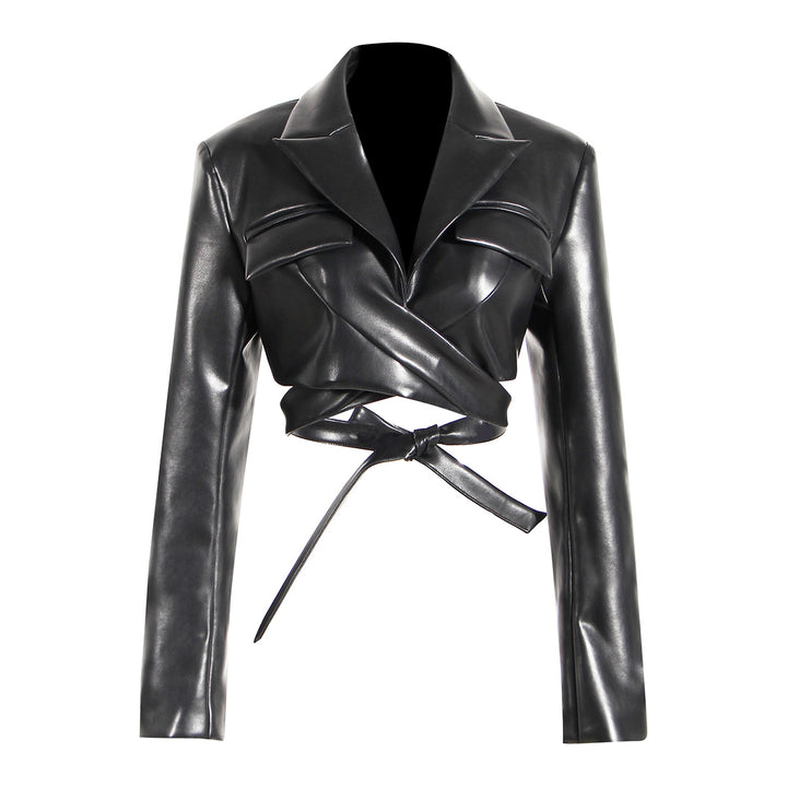 Cross Lace Up Waist Vegan Leather Crop Jacket