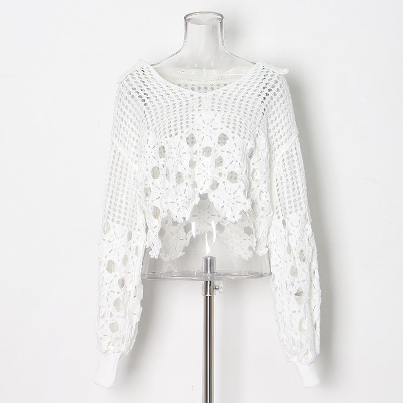 Women Knit  Spring Summer Hollow Out  Crocheted V neck Short  Women Sweater