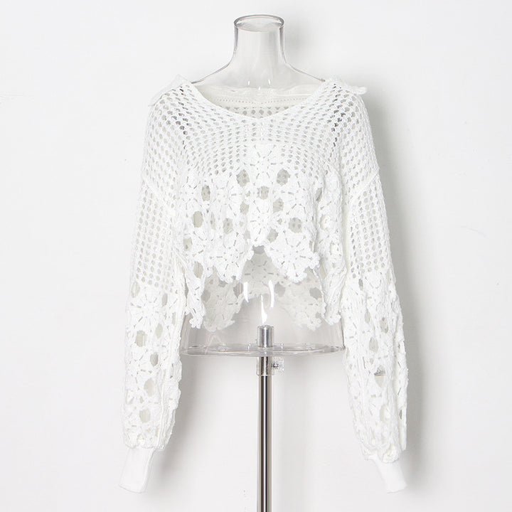 Women Knit  Spring Summer Hollow Out  Crocheted V neck Short  Women Sweater