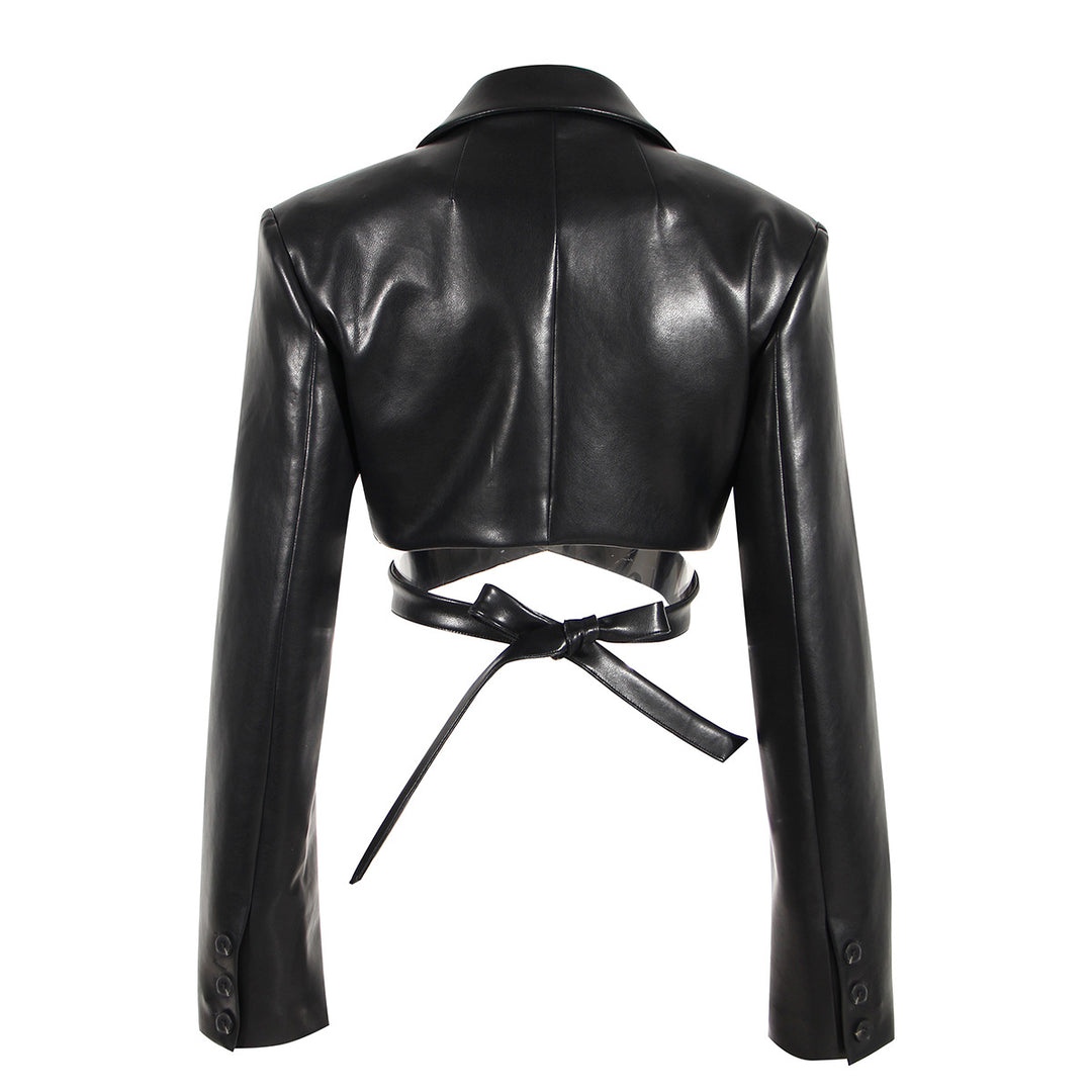 Cross Lace Up Waist Vegan Leather Crop Jacket