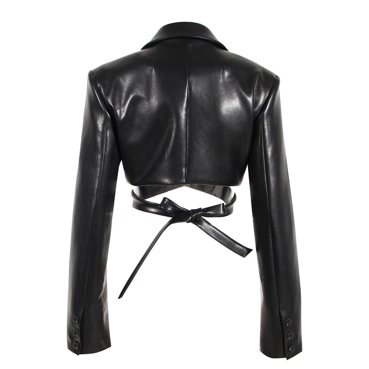 Cross Lace Up Waist Vegan Leather Crop Jacket