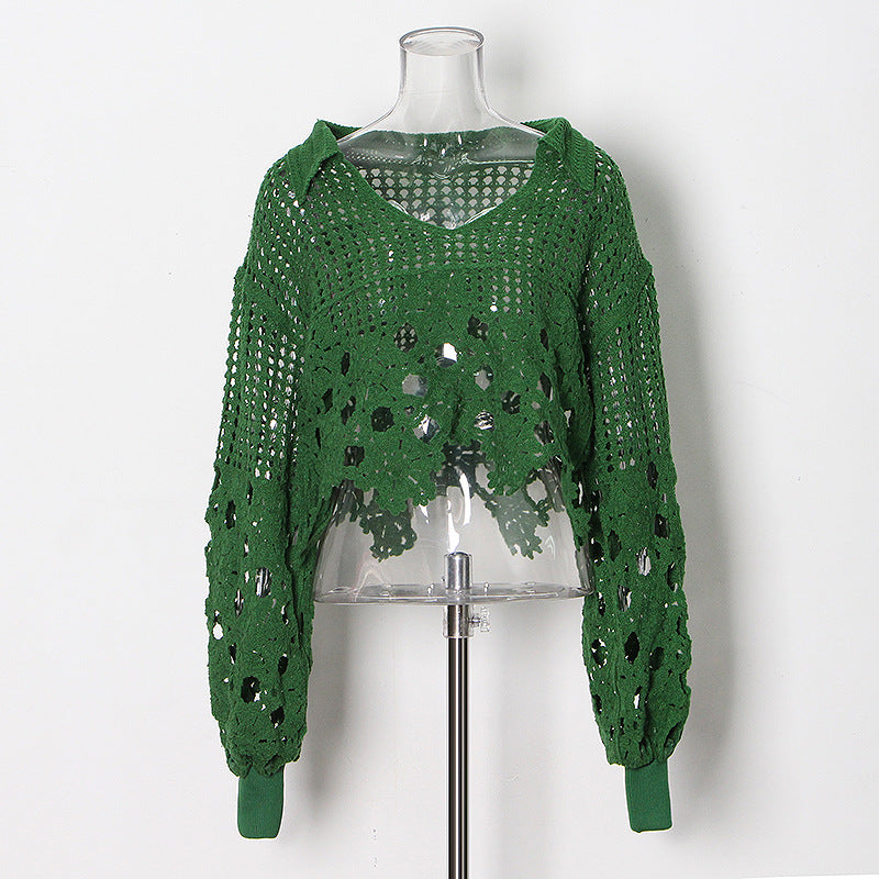 Women Knit  Spring Summer Hollow Out  Crocheted V neck Short  Women Sweater