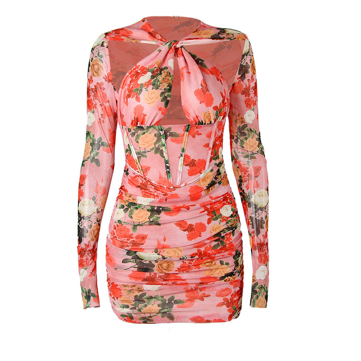 Mesh Printed Boning Long Sleeve Dress
