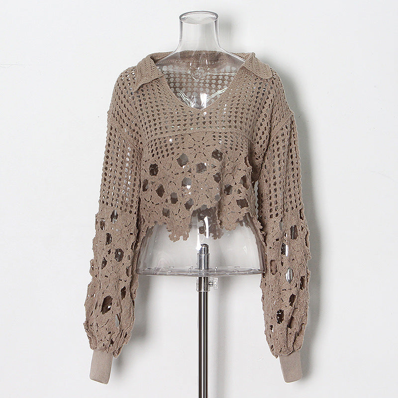 Women Knit  Spring Summer Hollow Out  Crocheted V neck Short  Women Sweater