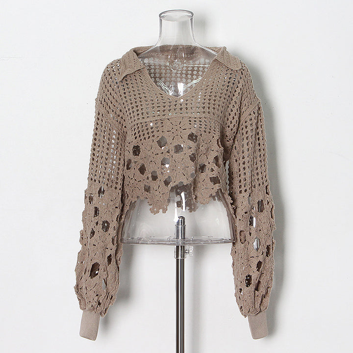 Women Knit  Spring Summer Hollow Out  Crocheted V neck Short  Women Sweater